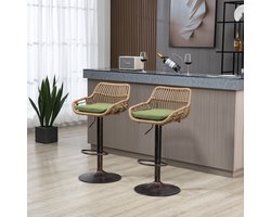 Intebiki barkruk - barkrukken met rugleuning set van 2 - barstoel - rotanmateriaal - in hoogte verstelbaar - 360° draaibaar - geschikt voor keukens, eetkamers en bars(groen)