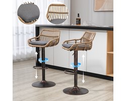 Intebiki barkruk - barkrukken met rugleuning set van 2 - barstoel - rotanmateriaal - in hoogte verstelbaar - 360° draaibaar - geschikt voor keukens, eetkamers en bars(grijs)