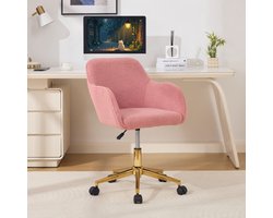 Intebiki bureaustoel - gaming stoel - ergonomische bureaustoel - bureaustoelen voor volwassenen - Teddy fleece stof - In hoogte verstelbaar - 360° draaibaar - Gouden poten - Geschikt voor kantoor en thuiswerkplek - roze