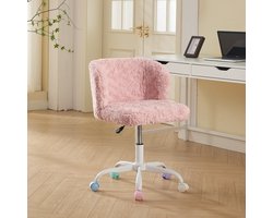 Intebiki bureaustoel - in hoogte verstelbaar - 360° draaibaar - geschikt voor bureaus en kaptafels - imitatiekonijnenbont - schattig en zacht - voorzien van stille wielen - make-upstoel - ergonomische bureaustoel - vrouwenstoel - roze