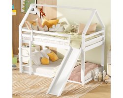 Intebiki Eenpersoonsbed Kinderbed Huisbed Stapelbed met glijbaan en ladder - Wit - 90x200cm