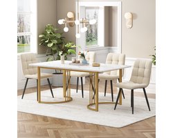 Intebiki eetkamerset - 140×80×75 eettafel met 4 stoelen - eetkamerstoelen - wit MDF – gouden metalen poten – fluwelen – eettafel stoelen – geschikt voor keuken en eetkamer - beige