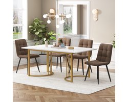 Intebiki eetkamerstoelen – 140×80×75 eettafel - eetkamerstoelen set van 4 – eetkamerset - wit MDF – gouden metalen poten – fluwelen – eettafel stoelen – geschikt voor keuken en eetkamer - bruin