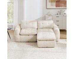 Intebiki Hoekbank - 2-zits bank - Chenille stof - Modulaire L-vormige bank - Geen montage vereist - inclusief 1 poef - beige