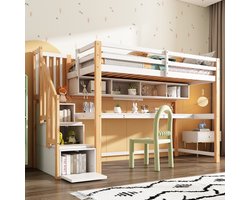 Intebiki Hoogslaper voor kinderen - kinderbed met groot bureau en planken - milieuvriendelijke kleuren - naturel en witr