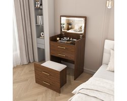 Intebiki - Kaptafel - 3-in-1 kaptafel (met open spiegel) - Draagbare kaptafel - Compacte kaptafel met 3 lades - Walnootkleur - 60 cm (B) / 118 cm (H) / 40 cm (D) - Kaptafel, nachtkastje en stoel