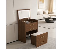 Intebiki - Kaptafel - 3-in-1 kaptafel (met open spiegel) - Draagbare kaptafel - Compacte kaptafel met 3 lades - Walnootkleur - 60 cm (B) / 118 cm (H) / 40 cm (D) - Kaptafel, nachtkastje en stoel