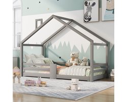 Intebiki Kinderbed Huisbed met Schoorsteen - Valbeveiliging - Robuuste Lattenbodems - Grenen Houten Huisbed voor Kinderen - 90x200 cm Zonder Matras - Grijs