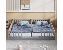 Intebiki kinderbed - vloerbed - peuterbed - kinderbed 90x200 - bedframe met valbeveiliging - grenenhout- tweepersoonsbed - geschikt voor twee kinderen - zonder matras - grijs
