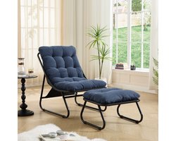 Intebiki Loungestoel met poef 65 x 78 x 86 cm - Met Voetenbank En Dikke Kussens - Voor Woonkamer En Balkon - Donkerblauw
