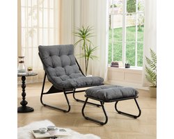 Intebiki Loungestoel met poef 65 x 78 x 86 cm - Met Voetenbank En Dikke Kussens - Voor Woonkamer En Balkon - Donkergrijs