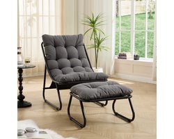 Intebiki loungestoel met poef 65 x 78 x 86 cm - terrasstoelen - ergonomische tuinstoelen - Met Voetenbank En Dikke Kussens - Geschikt voor woonkamer, slaapkamer of kantoor - Grijs