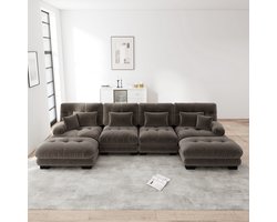 Intebiki Moderne Hoekbank - Grote U-vormige modulaire hoekbank - 406x145x81 cm - Vierzits - Chenille stof - Met verplaatsbare voetenbank - Geschikt voor woonkamers, appartementen en kantoren - Bruin (4 zitplaatsen + 2 voetenbanken)