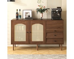 Intebiki Moderne Opbergkast - Dressoir van Rotan - Dressoir - Opbergkast in Vintage Stijl - Geschikt voor Woonkamer, Keuken, Eetkamer en Hal - Gemaakt van Spaanplaat - Drie Deuren, Twee Laden - 130*40*75,5 cm - Walnootkleur