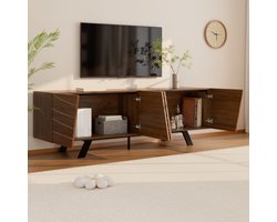 Intebiki Moderne tv-kast met golvende voorkant – laag dressoir in walnoothouten look met zwarte ijzeren poten-veel opbergruimte-kabelbeheer en legplank – tv-meubel voor woonkamer-hal 160×39×50.5 cm