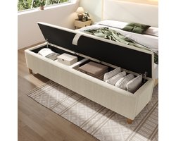 Intebiki - Opbergbank / Zitbank met Opbergruimte - 145 x 38 x 46 cm - met opbergbox - slaapbank - met hydraulische opslagfunctie - geschikt voor hal, woonkamer, slaapkamer - corduroy stof - beige