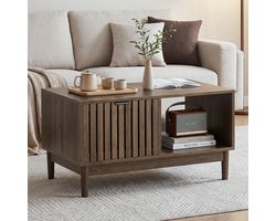 Intebiki Salontafel - 80 cm - bijzettafel - Centrale eettafel voor de woonkamer - salontafel met opbergruimte - salontafel met lade - Open planken en massief houten poten - bijzettafeltjes woonkamer - walnoot kleur