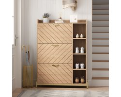 Intebiki Schoenenkast - Geschikt voor 22 paar schoenen - Schoenenrek met 3 opklapbare lades - 90*24*119 cm- Hout - Natuurlijke houtkleur - Schoenenkast in Scandinavische stijl met scharnierend deksel - Met bovenplank - Geschikt voor hal en slaapkamer