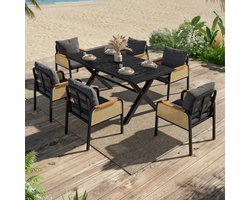Intebiki tuinset - tuin loungeset -dining loungeset - Inclusief een eettafel en zes fauteuils - Moderne, casual buitenset - Geschikt voor terrassen, balkons en tuinen - Gemaakt van PE-rotan - Zwart