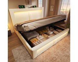 Intebiki Tweepersoonsbed 140x200 cm met opbergruimte - hydraulisch bed - ledverlichting met app-bediening - USB- en Type-C-oplaadpoorten - fluwelen bekleding - hoofdbord met gebogen design - beige - exclusief matras
