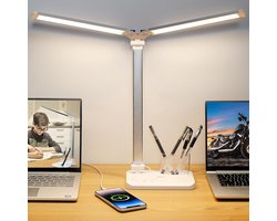 Intelectro Bureaulamp - Dual Swing Arm LED Bureaulamp met Slimme Verlichting - Verschillende Verlichtingsmodi - USB Oplaadpoort - Ingebouwde Timer - Dubbele Verlichting - Oogbescherming - Wit - Levering Sneller dan Aangegeven!
