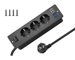 Intelectronics Inbouw Stekkerdoos met USB-C – 7-in-1 Power Hub met 3 Stopcontacten en 4 USB-Poorten – Inclusief Aan/Uit-Schakelaar – 2 m Kabel – Mat Zwart Luxe Design voor Bureau, Keuken, Vergadertafel of Werkplek – Elegant & Discreet Inbouwmodel