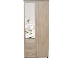 Interiax Kledingkast 'Lena' – 2 Deuren, 2 Lades, 1 Hanger, Spiegel & 1 Legplank | Sonoma Eik | 185x80x52cm