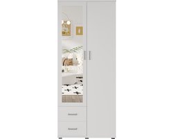 Interiax Kledingkast 'Lena' – 2 Deuren, 2 Lades, 1 Hanger, Spiegel & 1 Legplank | Wit | 185x80x52cm