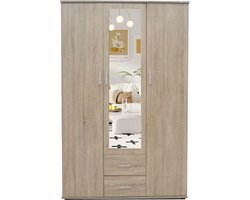 Interiax Kledingkast 'Lena' – 3 Deuren, 2 Lades, 1 Hanger, Spiegel & 4 Legplank | Sonoma Eik | 185x120x52cm