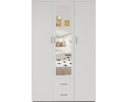 Interiax Kledingkast 'Lena' – 3 Deuren, 2 Lades, 1 Hanger, Spiegel & 4 Legplank | Wit | 185x120x52cm