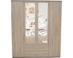 Interiax Kledingkast 'Lena' – 4 Deuren, 2 Lades, 1 Hanger, 2 Spiegels & 7 Legplanken | Sonoma Eik | 185x160x52cm