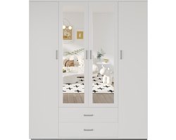 Interiax Kledingkast 'Lena' – 4 Deuren, 2 Lades, 1 Hanger, 2 Spiegels & 7 Legplanken | Wit | 185x160x52cm