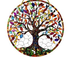 Interieurdecoratie - Boheemse stijl - Kleurrijke decoratie voor binnen en buiten - Acryl schijf - Vintage levensboom - Wanddecoratie tuindecoratie - Woonkamer- en slaapkamerdecoratie - 20 x 20 cm