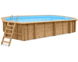 Interline zwembad Bali 6,40 x 4,00m ovaal - Houten constructie - Op- en inbouw - Inclusief filterset - Inclusief zwembadtrap - Gratis onderhoudsset