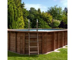 Interline zwembad Bali 8,40 x 4,90 ovaal - Houten constructie - Op- en inbouw - Inclusief filterset - Inclusief zwembadtrap - Gratis onderhoudsset