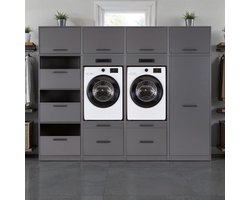 Interlink Lifestyle Studio Flow wasruimtecombinatie Bundel 3 antraciet - Complete wasruimte met 2 wasmachinekasten, 2 opbergkasten en 4 bovenkasten - Uittrekbare werkbladen - Softclose - Aluminium grepen - 268 x 68 x 208 cm