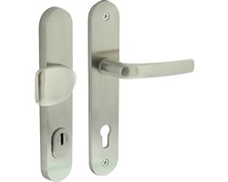 Intersteel Voordeurbeslag ovaal greep/kruk profielcilindergat 92 mm met kerntrekbeveiliging nikkel mat