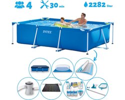Intex Rechthoekig Opzetzwembad - 260 x 160 x 65 cm - Blauw - Inclusief Pomp - Solar Mat - Onderhoudspakket - Grondzeil - Afdekzeil - Schoonmaaktset