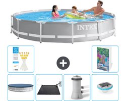 Intex Rond Prism Frame Zwembad - 366 x 76 cm - Grijs - Inclusief Afdekzeil - Solar Mat - Zwembadfilterpomp - Verlichting - 7-delig