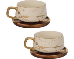 Intirilife 2x Kop keramiek met marmerdesign in Wit - ongeveer 200 ml - Koffiemok, theemok met houten onderzetter Mok