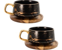 Intirilife 2x Kop keramiek met marmerdesign in Zwart - ongeveer 200 ml - Koffiemok, theemok met houten onderzetter Mok
