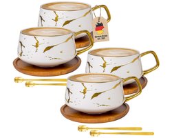 Intirilife 4x Kop keramiek met marmerdesign in Wit - ongeveer 200 ml - Koffiemok, theemok met houten onderzetter Mok