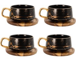 Intirilife 4x Kop keramiek met marmerdesign in Zwart - ongeveer 200 ml - Koffiemok, theemok met houten onderzetter Mok