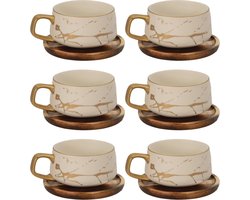 Intirilife 6x Kop keramiek met marmerdesign in Wit - ongeveer 200 ml - Koffiemok, theemok met houten onderzetter Mok
