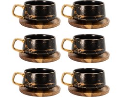 Intirilife 6x Kop keramiek met marmerdesign in Zwart - ongeveer 200 ml - Koffiemok, theemok met houten onderzetter Mok