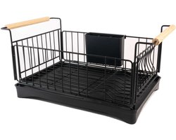Intirilife Afdruiprek roestvrij staal voor servies met lekbak in Zwart - 50 x 29 x 23.5 cm - Met houten handvatten besteklade opvangbak voor water met afvoer
