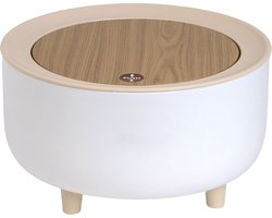 Intirilife cosmetic bin platte afvalemmer in wit met beige deksel en bamboe-look - 19,3 x 10,7 cm - Tafelemmer met drukknopopening voor badkamer kantoor keuken Mini tafelemmer met krasbescherming