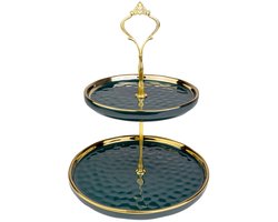 Intirilife Etagère Rond 2 verdiepingen Porselein 24,5 cm x 20 cm -groen/goud- Cupcake taartstandaard - Gebakstandaard - Serveerblad voor dessert, muffins, fruit, kaas
