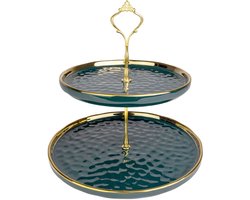 Intirilife Etagère Rond 2 verdiepingen Porselein 25,5 cm x 25,5 cm -groen/goud- Cupcake taartstandaard - Gebakstandaard - Serveerblad voor dessert, muffins, fruit, kaas