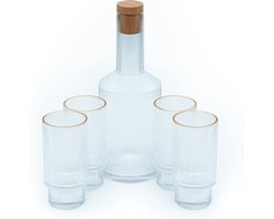 Intirilife glazen karaf set karaf met kurk en 4 glazen met gouden rand - karaf inhoud 1,7 liter - glazen inhoud 260 ml - kristallen kan karaf drinkglas voor water ijsthee wijn sap